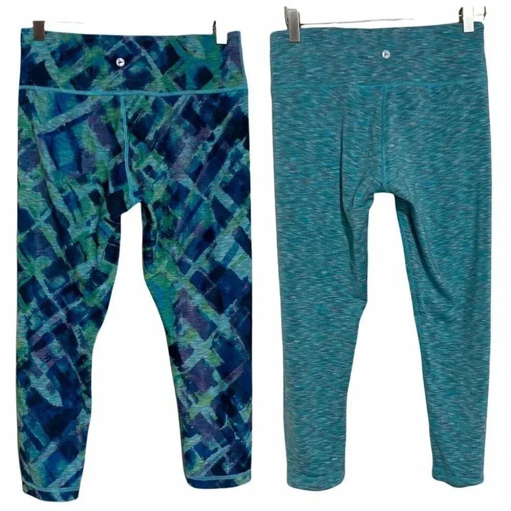 Active Life S blue green print reversible ankle‎ leggings